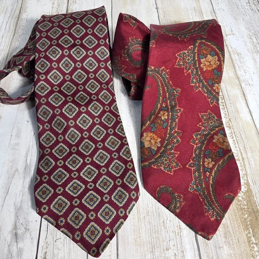 Harve Benard Pure Silk Necktie Lot 2 Burgundy Red Paisley Geometric Medallion